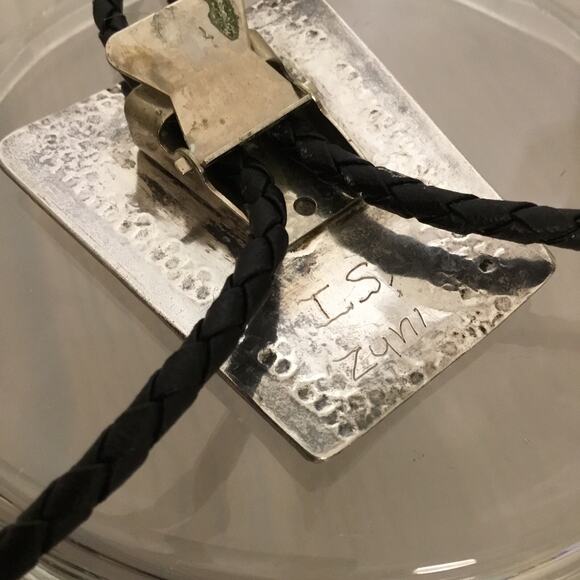 Vintage Isabel Simplicio Zuni Sterling Turquoise MOP Horse Inlay Bolo Tie - Picture 2 of 6